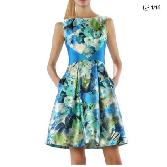 Theia Retro Fit & Flare Watercolor Dress Size 10 Cocktail Evening 50s Style - Picture 1 of 8